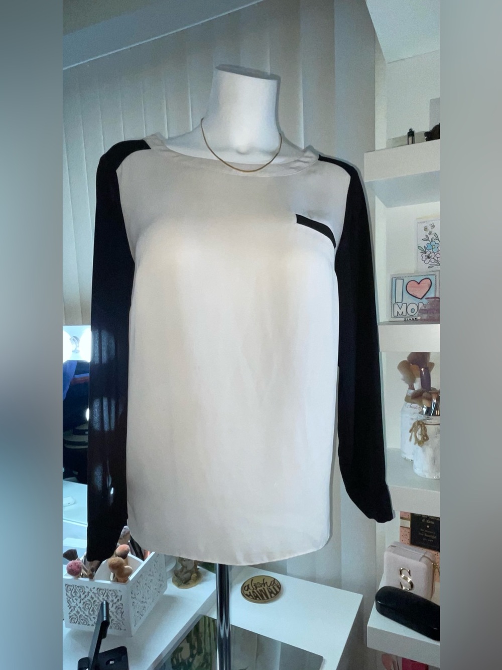 AB Studio Black & White Long Sleeve Two-Tone Blouse